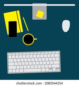 TOP VIEW OF THE DESK WHERE THERE IS A MONITOR, A CUP OF COFFEE, A PENCIL, A KEYBOARD, A MOUSE, A NOTEBOOK AND A CELL PHONE