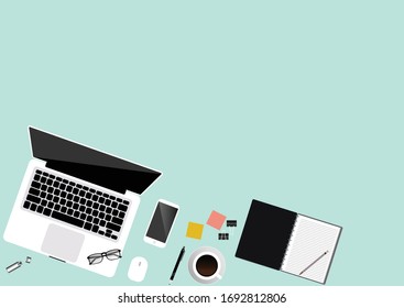 Top view of the desk working in Office with Laptop, mobile phone, flower, and coffee cup. Top view with copy space.vector illustration