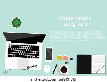 Top view of the desk working in Office with Laptop, mobile phone, flower, and coffee cup. Top view with copy space.vector illustration