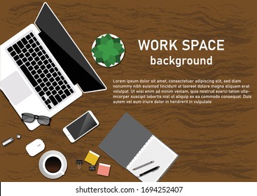 Top view of the desk working in Office with Laptop, mobile phone, flower, and coffee cup. Top view with copy space.vector illustration