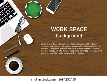 Arbeitsplatz für Unternehmen, Management und IT.Von oben anzeigen. Notebooks, Mobiltelefone, Notebooks und Bürobedarf auf dem Desktop.Vektorillustration