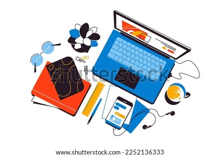 Top view desk top workspace with laptop and other office equipment, vector illustration. office life, productivity and technology.