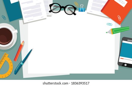 Top view of desktop background, phone, documents, coffee, folder, planner, glasses, paper, stationery. Workplace for business, study. Vector illustration.