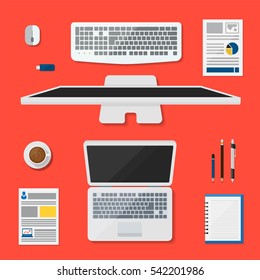 Top view desktop computer notebook and document vector design on desk concept. Workplace with office items and business elements.