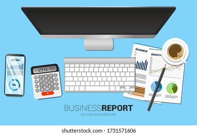 top view Desktop computer on table with mobile phone and report paper. Concept for digital business growth and trend report