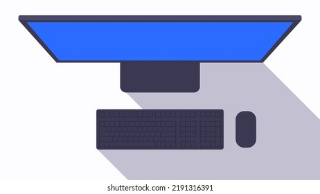 Top view of desktop computer set long shadow graphic illustration vector background