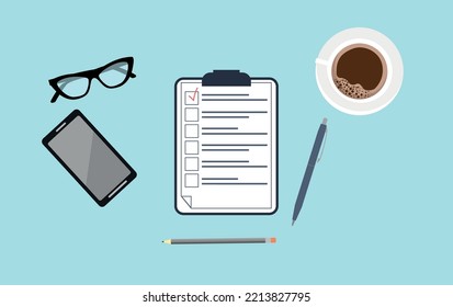 top view of the desktop. empty space with coffee cup, glasses, laptop. goal planning.	
