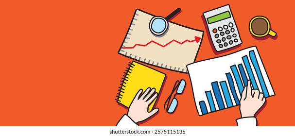 Top view of desktop with hands working on finance and business concept. Vector illustration with copy space.