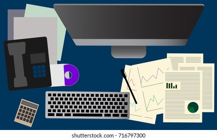 Top view with desktop, keyboard, graphs, paper documents, cd disk, pen, phone and calculator. Realistic workplace organization concept illustration vector.
