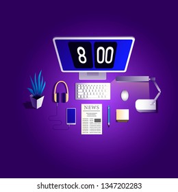 top view of desktop. Organization of a workplace at the office or at home. Computer and office equipment on the table. digital clock on screen. stock vector illustration