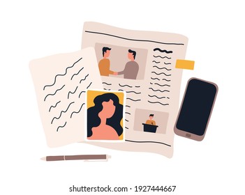 Top view of detective workplace with collected evidence and facts for crime investigation. Investigating process with photos, papers and newspaper. Colored flat vector illustration isolated on white