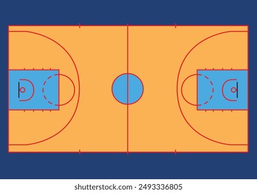 Top view diagram of a basketball court inside a gymnasium.