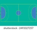 Top view diagram of a handball court inside a gymnasium.