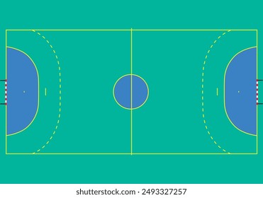 Top view diagram of a handball court inside a gymnasium.