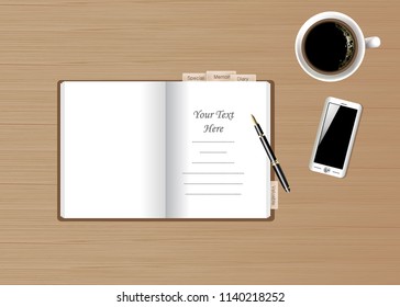 Top view of Diary pen Coffee cup and mobile phone on Wooden Table. 