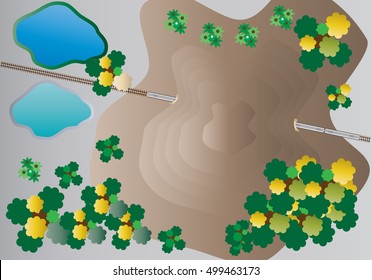 Top View of Diesel Railcar train and tunnel under  mountain  Vector Illustration