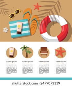 Top view Different beach accessories on sand. Travel infographic.
