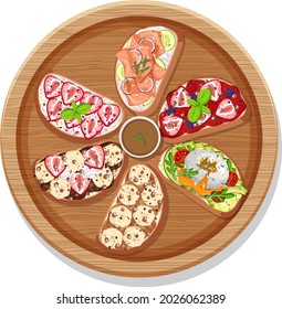 Top view of different bruschetta on a round plate isolated illustration