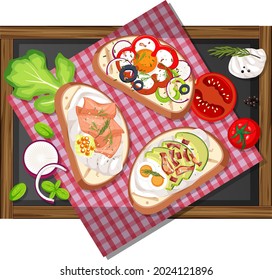 Top view of different bruschettas on wooden tray isolated illustration