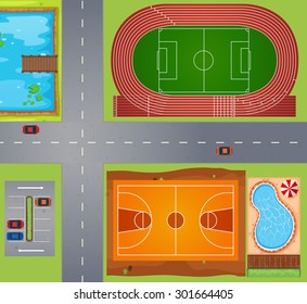 Top view of different courts in the same area