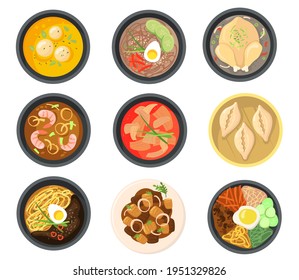 Top view of different dishes from South Korean flat pictures collection. Cartoon Asian soups, dumplings and meal on plates isolated vector illustrations. Traditional cuisine and food concept