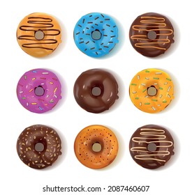 Top view of different donuts with chocolate and colorful glaze realistic set isolated vector illustration