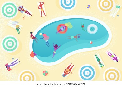 Top view of different female and male people relaxing near the pool, sunbathing, swimming, playing, diving, having rest, enjoying time outdoors cartoon vector illustration.