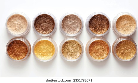 Vista superior de los diferentes brillantes dorados en tazones de vidrio aislados en fondo blanco. Nails cosméticos o ingredientes