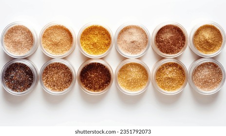 Top view of different Gold glitter in glass bowls isolated on white background. Nails cosmetics or ingredients