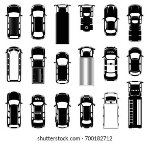 Top view of different roof cars on the road. Black vector icons of automobiles