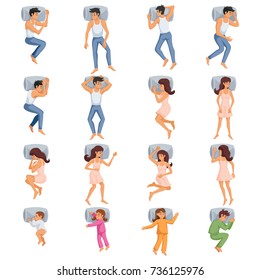 Top view of different sleeping poses of men women and children isolated decorative icons set vector illustration 