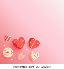 Top View of Different Style Candies With Heart Shapes On Glossy Pink Background And Copy Space. Happy Valentines Day Concept.