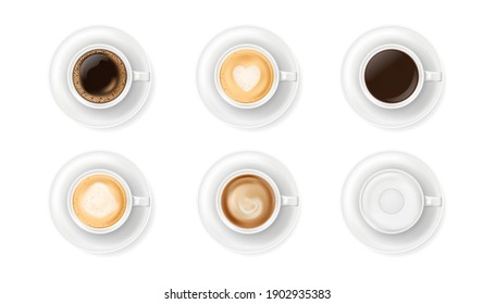 Top view at different white coffee cups on plates. Realistic vector illustration of various hot coffee drinks mugs - espresso, latte, cappuccino, americano. 3d caffeine beverage elements for cafe menu