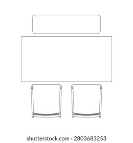 Top view of dining set with rectangular dining table, one dining bench, and two arm chairs in minimal outline illustration, presenting a functional and balanced furniture layout.