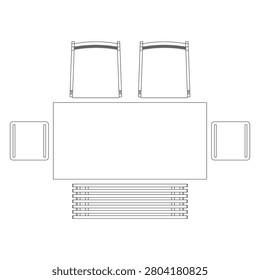 Top view of dining set with rectangular dining table, one bench, two arm chairs, and two stools in minimal outline illustration, presenting a functional and balanced furniture layout.