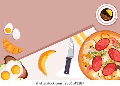 Cena con vista superior delicioso concepto de la mesa de desayuno. Ilustración de diseño gráfico plano vectorial
