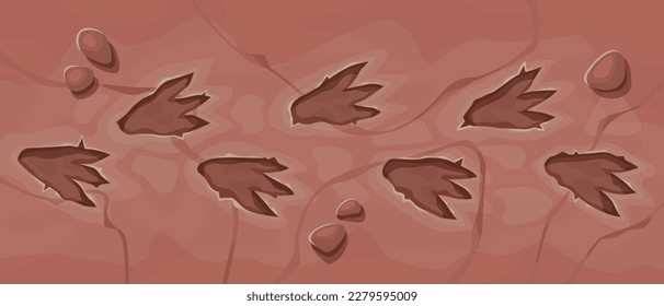 Top view of dinosaur footprint track on stones. Dino feet. Jurassic animals illustration.