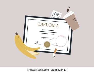 A top view of a diploma thrown out in a garbage bin together with a cigarette butt, a banana peel, and a paper cup of coffee
