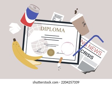 A top view of a diploma thrown out in a garbage bin together with a cigarette butt, banana peel, a paper cup of coffee, a metal can, a plastic straw and other trash