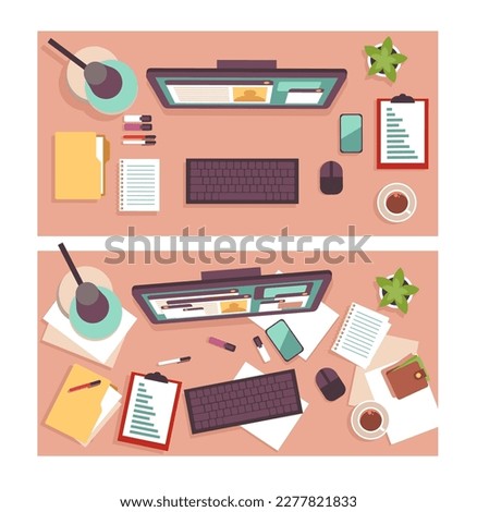 Top view of dirty and clean office workers desk. Working process, computer, stacks of documents and stationery tidy and messy. Office workspace, cartoon flat illustration. Vector set