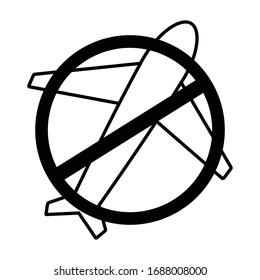 Top view of a disabled airplane icon, used when travel is prohibited or banned. Vector illustration in black and white. Icon for websites and mobile applications.