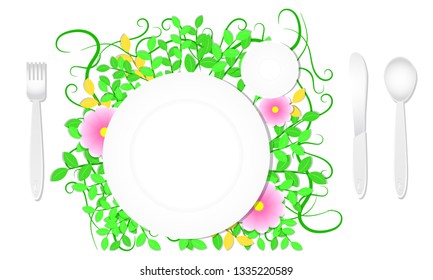 top view dish spoon knife fork and leaf flower background. design template mock up. vector illustration eps10