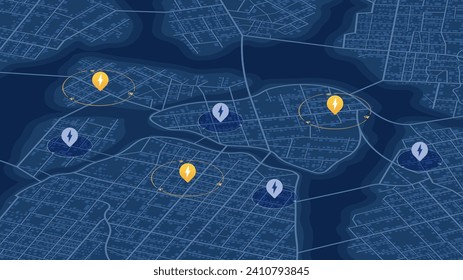 Top view distinct city districts connected to the power grid. Zones without electricity for visual distinction energy networks. Visualization of power distribution, outage areas. Isometric vector