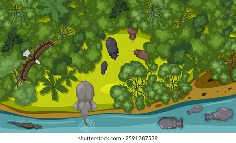 Top view of diverse animals in a forest
