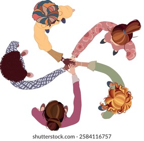 Top view of a diverse group of female colleagues in a circle hands stacked together as a symbol of agreement unity or pact. International women s day. DEIB or empowerment. Isolated