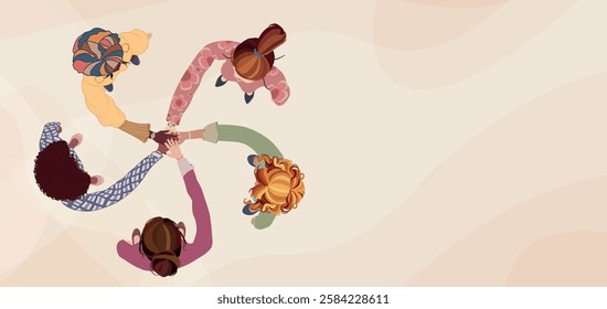 Top view of a diverse group of female colleagues in a circle hands stacked together as a symbol of agreement or unity.International women s day.DEIB or empowerment.Banner copy space