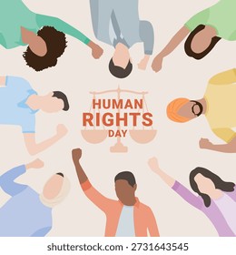 Vista superior de pessoas diversas formando um círculo em torno do símbolo da justiça, expressando solidariedade, justiça e força coletiva pelos direitos humanos.