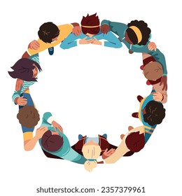 Top view of diverse people team in circle. Young men, women group standing embracing together. Community support teamwork, multicultural friendship, culture solidarity concept flat vector illustration