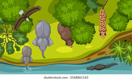 Top view of diverse wildlife in a jungle