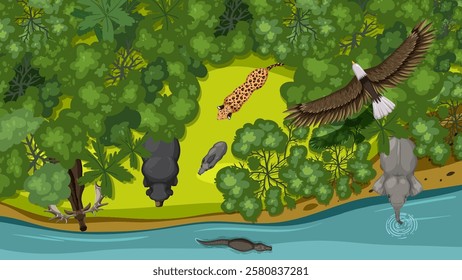 Top view of diverse wildlife in a jungle